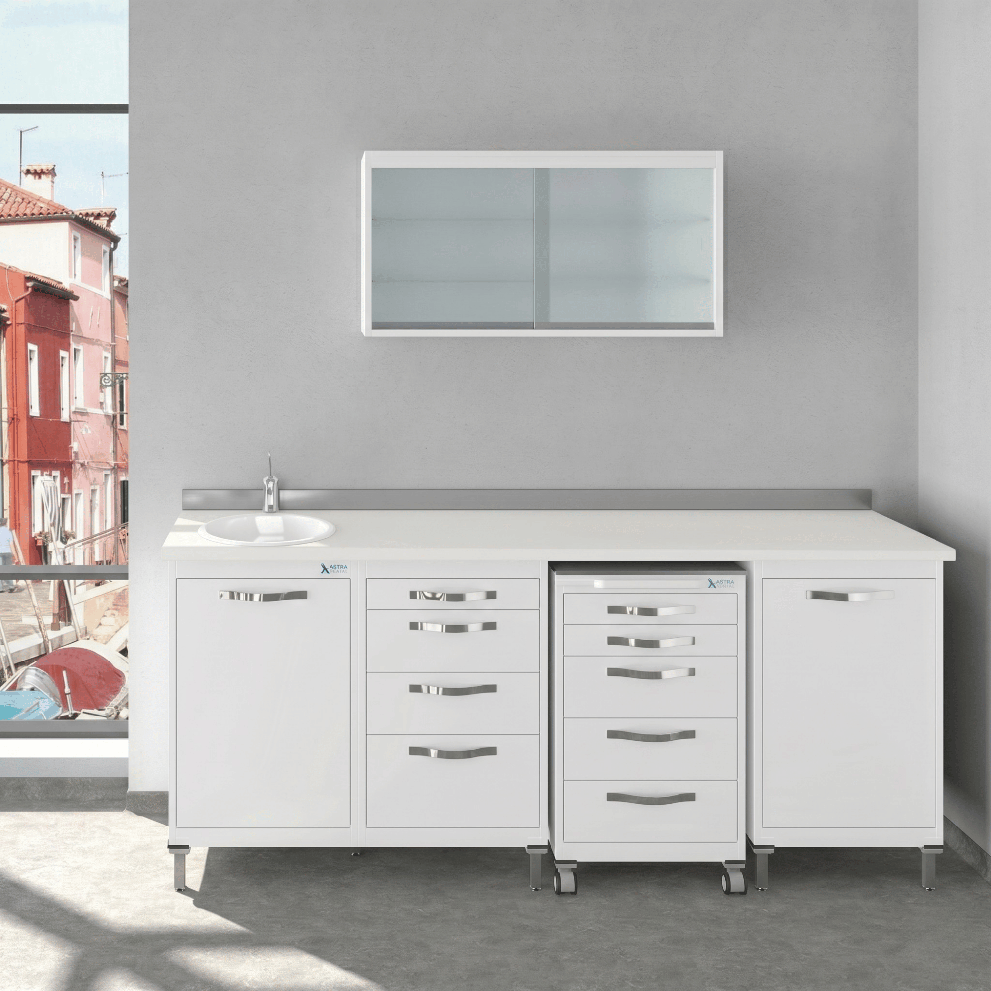 Astra FOCUS Schrankzeile mit 4 Elementen 1 Haengeschrank mit Hintergrund