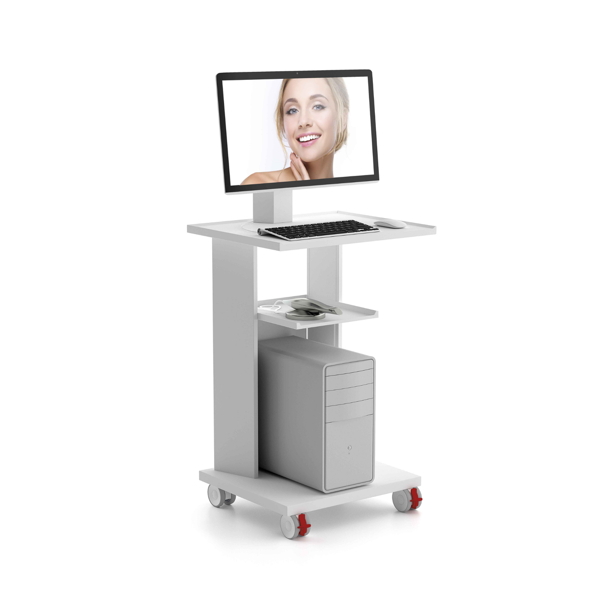 Atlas Workstation | Multifunktional für den digitalen Praxisalltag | 3-fach-Steckdosenleiste und 2 Ablagen